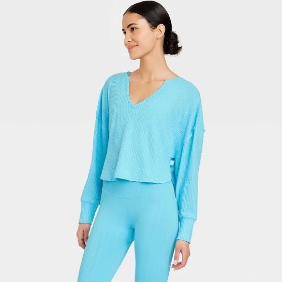JoyLab Tops Joylab Raw Hem Waffle Knit Crop Long Sleeve Top Sky